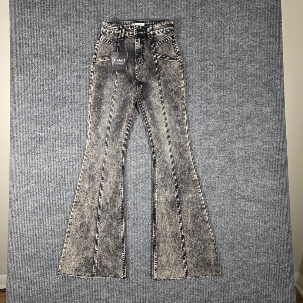 LA Girl‎ Flare Jeans Womens Size 3 Black Acid Wash High Rise Bell Bottom NWT